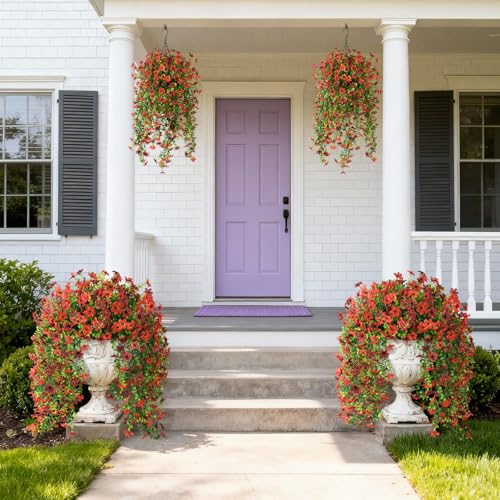 ZFProcess Artificial Hanging Flowers for Outdoors, 2 Pcs Fake Hanging Plant Spring Summer Decor, UV Resistant No Fade Realistic Faux Flower for Front Door Porch Planter Patio Garden Yard(Red Brown) - color: Red Brown