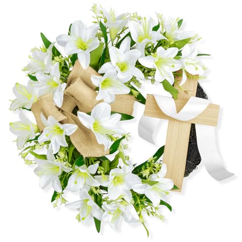 18 Inch Easter Wreath with Cross for Front Door Artificial Lily Flowers Cross Wreath Spring Easter Religious Garland Hanging Ornament for Spring Holiday Farmhouse Wall Window Party Decor - color: Easter-1