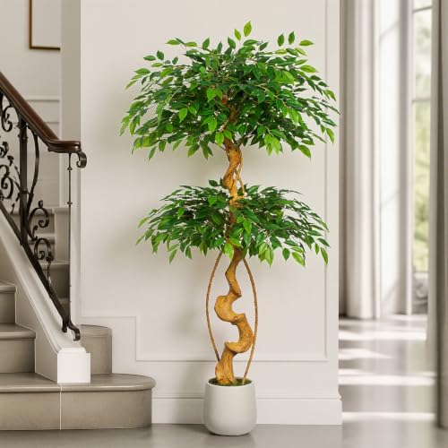 5FT Artificial Ficus Tree, 60in Fake Silk Tree with Natural Curved Trunk & 1488 Lush Leaves, Floor Faux Plant with White Pot, Low Maintenance Decor for Home, Office, Patio - color: Ficus Tree 5ft