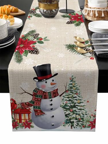 Christmas Snowman Poinsettia Table Runner-Cotton Linen-90 Inch Holiday Dresser Scarves, Floral Eucalyptus Swirls Snowflake Tablerunner for Kitchen Coffee/Dining Bedroom Living Room Dinner Scarf Décor - color: Christmas, size: 13x90 Inch