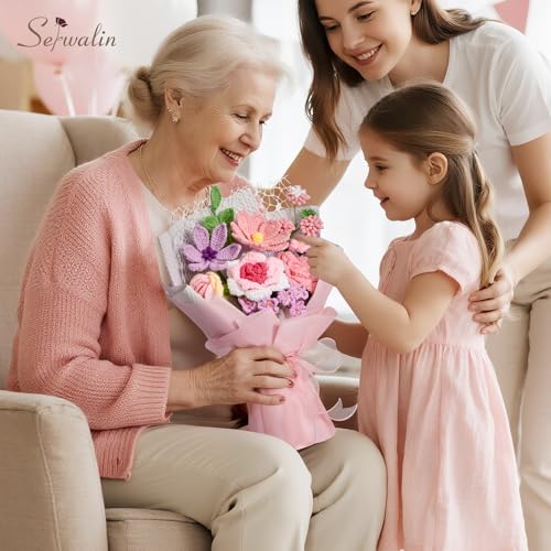 Serwalin Crochet Flower Bouquet,Pink Knitted Flowers,Roses Crochet Flowers for Mother’s Day Lover Wedding Anniversary Birthday Valentine Day Back-to-School or Graduation Ceremonies Gift (with Card) - color: Athens Pink and Purple