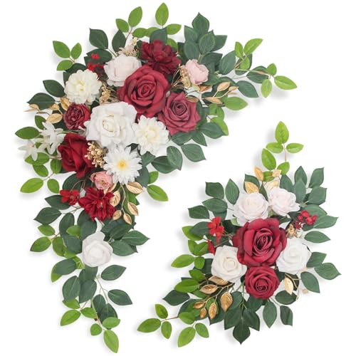 Pack of 2 Artificial Flowers for Backdrop Decoration, Wedding Arch Flowers,Reception Welcome Sign, Eucalyptus Garland, Suited to Aisle Decor and Wedding Arches (Red White) - color: Red White