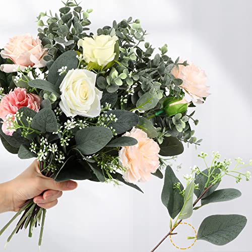 Janinka Mixed Eucalyptus Leaves Stems Bulk with White Seeds Artificial Silver Dollar Leaves Sprays Faux Oval for Wreath Garland Floral Bouquets Arrangement Wedding Greenery Decoration(60 Pcs)