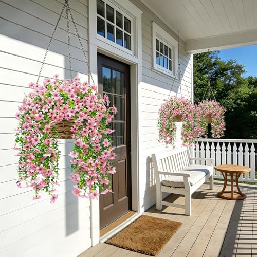 Roberly 4 Pcs Artificial Hanging Flowers for Outdoors, Realistic Faux Silk Flowers UV Resistant Fake Greenery Plants for Spring Summer Garden Porch Indoor Outdoor Home Decor, Pink - color: Pink