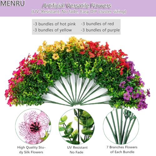 12 Bundles Artificial Flowers for Outdoor UV Resistant and Realistic, Faux Daisy Fake Flowers with Eucalyptus Leaves for Porch, Patio, Planter, Window Box, Home, Garden Decor - color: Pink Red Purple Yellow