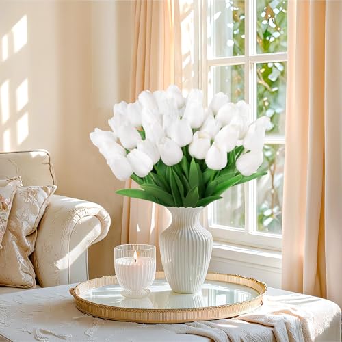 U'Artlines 30Pcs Fake Tulips Artificial Flowers with Stems Faux Tulips Bouquet Real Touch Flower for Wedding Home Kitchen Spring Easter Mother's Day Floral Arrangement Decor (White) - color: White