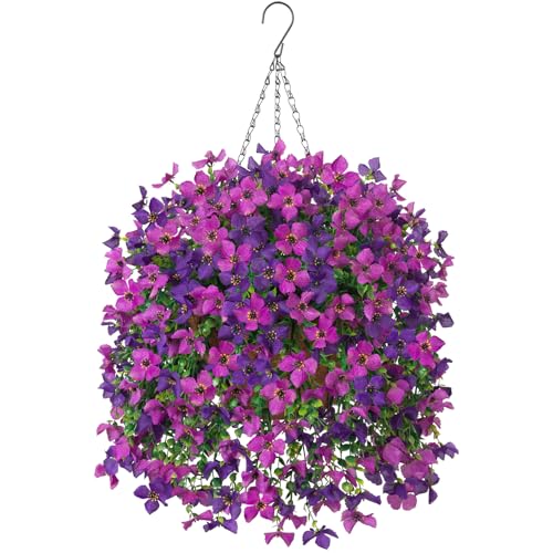 INXUGAO Artificial Hanging Flowers Plants with Basket for Outdoors, Realistic Faux Silk Daisy Flower Eucalyptus for Spring Decor, UV Resistant Fake Plants for Porch Patio Yard Balcony, Violet - color: A-violet Purple
