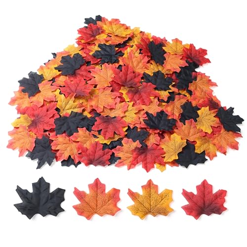 SITUMEIZI 400PC Fake Fall Leaves Autumn Halloween Decor Maple Leaf for Fall Wedding Thanksgiving Halloween Party Decorations 4 Colors - color: Yellow Red Black Purple