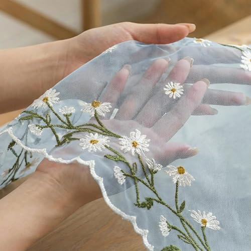 Artoid Mode Daisy Floral Sky Blue Shaped Gauze Embroidery Table Runner 120 Inch 10FT, Tulle Spring Summer Kitchen Dining Table Decor for Home Party - color: Sky Blue