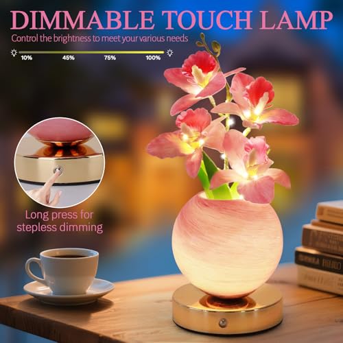 Flower Table Lamp, 3 Colors Orchid Night Light, Cordless Touch Dimming Artificial Flower with Vase Lamp, LED Bedside Night Light Romantic Gifts for Girl Women Mom (Pink Orchid) - color: Pink Orchid