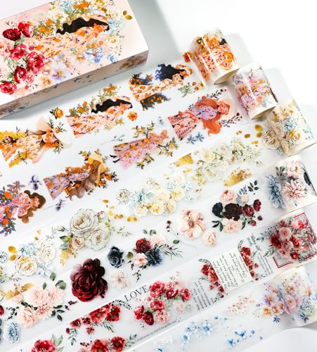 Floral PET Washi Tape Set - 6 Roll Wide PET Tape for Scrapbook Supplies,Character Decorative Girls Sticker,Flower Stickers, Bullet Journals Materials,Planner Arts Craft Collage - color: Girls with Flowers
