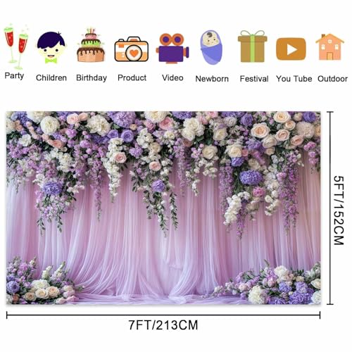 5x4ft Purple Lavender Floral Bridal Backdrop Wedding Flower Photography Backdrop for Girl Portrait Baby Shower Birthday Party Decor Banner Mother's Day Party Wall Backdrop Studio Photo Backgrounds - color: Multi3, size: 5X4FT