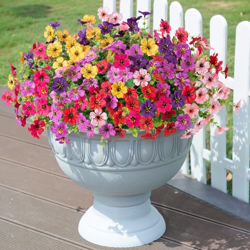 florisso Artificial Flowers for Outdoors Daisy 12 Bundles for Home Decoration, Faux Flower Fake Plants Outside Decoration with Eucalyptus UV Resistant for Planter Porch Patio Yard Garden Colorful - color: 6 Multicolor