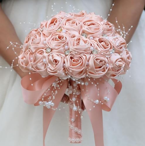 Ujicde Romantic Wedding Bouquet Bridal Bridesmaid Round Bling Brooch Bouquet Throw Toss Artificial Rose Flower Bunch with Sparkle Rhinestone Crystal Decoration(Peach Pink,Dia. 6.3"*16cm) - color: Peach Pink, size: Dia. 6.3"*16cm