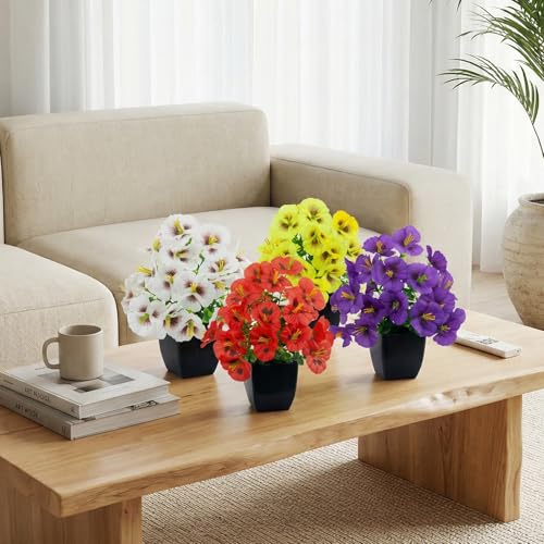 LOYWREE 4 Pack Small Faux Plants Spring Artificial Pansy Flowers Fake Plants Indoor Bathroom Accessories for Home Room Office Desk Decor(Black Square Pot) - color: Pansy-black Pot, size: Black Pot