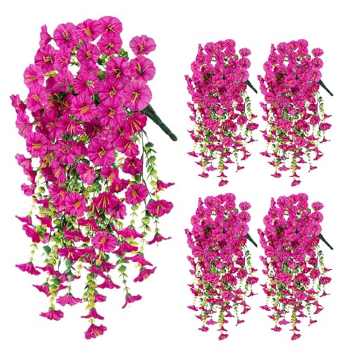 Hanging Morning Glory Artificial Flowers for Outdoors,Faux Plant,Decoration Plastic Flowers for Outside,Garden,Home Decor,Wedding Events,Patio,Porch,Yard(Fuchsia,2 Bunches/4Pcs) - color: Fuchsia, size: 2 Bunches/ 4Pcs