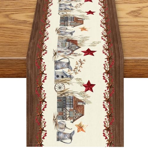 Farmhouse Texas Table Runner,Rustic Western Barn Texas Star Berries Brown Wooden Plank Cowboy Coffee Table Center Decor for Family Kitchen Outdoor Holiday Party Table Decorations, 13"x36" - color: Texas-10, size: 13“ X 36"