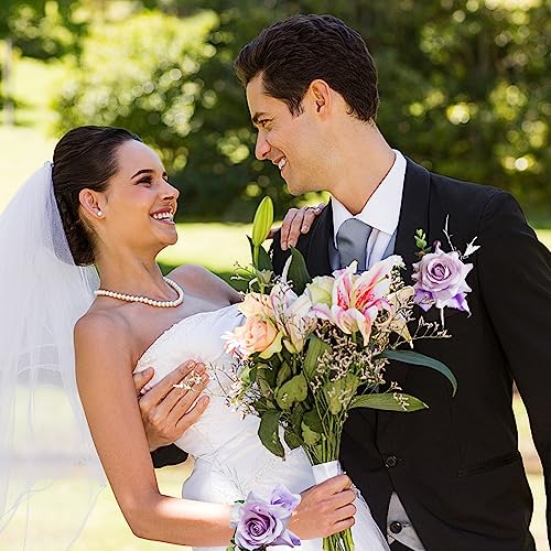 Wrist Corsage and Boutonniere Set for Bride Groom Bridesmaids Groomsmen Wedding Homecoming Flowers Prom Suit Accessories, Rose Boutonniere and Corsage Wristlet Flower - color: Big-purple