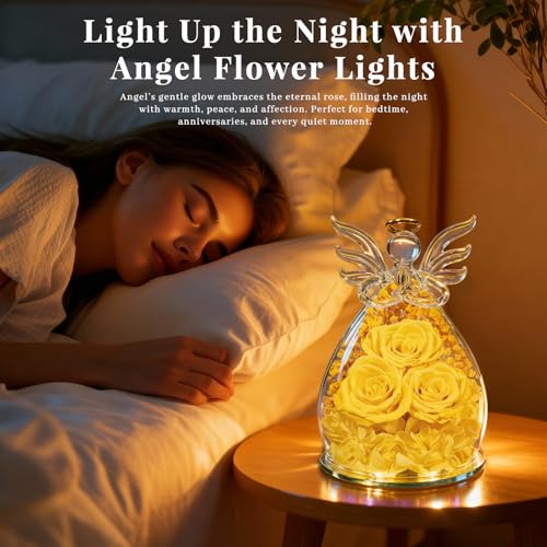 Beferr Gifts for Mom Birthday Gifts for Women, Fresh Flowers for Delivery Forever Preserved Rose in Glass Angel Figurine, Anniversary Christian Real Rose for Grandma Wife Mother from Daughter Son - color: F Yellow