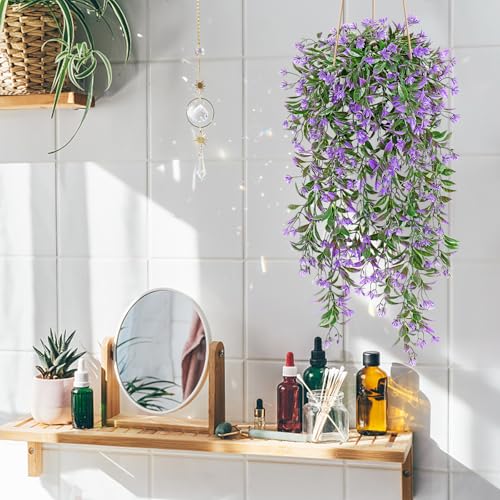 TOCHGREEN 4Pcs Artificial Hanging Plants Fern Vine, Faux Plastic Plants Fake Ivy Vine Greenery Garland with Purple Flower, Outdoor Indoor Decorations for Living Room Balcony Garden Wall Home Decor - color: Purple