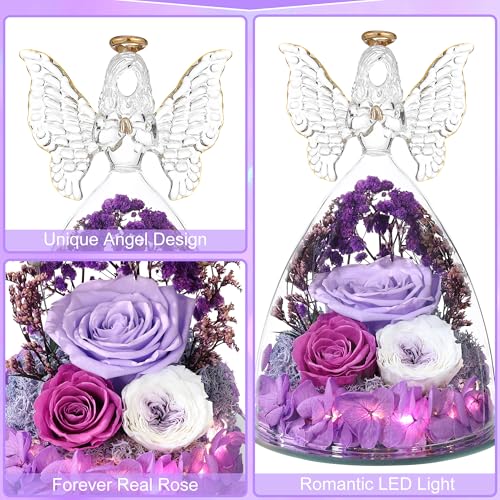 Mothers Day Rose Gifts for Women Preserved Real Flower in Glass Angel Figurines Roses for Delivery Prime Birthday Gifts for Mom Grandma Girlfriend Wife Her, Light Purple Austin Roses - color: Light Purple With Austin Roses