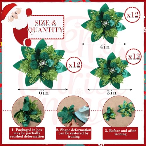 Geosar 36 Pcs Christmas Glitter Artificial Poinsettia Flowers Xmas Poinsettia Artificial Wedding Flowers Decorations Xmas Tree Ornaments with Clips for Party, 6 Inch, 4 Inch, 3 Inch(Grass Green) - color: Grass Green