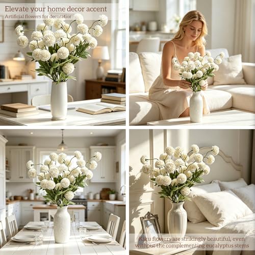 8pcs Ivory Fake Flowers Silk Pompon Mum Artificial Flowers,Mini Artificial Chrysanthemums with Stems,Faux Flowers For Vase,for Wedding Centerpieces, flower arrangements, vase fillers, and home decor - color: Ivory
