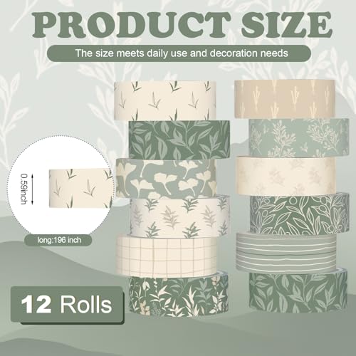 12 Rolls Watercolor Floral Washi Tape Set 15 mm Vintage Flower Decorative Masking Tape for Summer School Arts DIY Craft Scrapbook Journal Supplies Gifts(Sage Green,Leaves) - color: Sage Green, style: Leaves