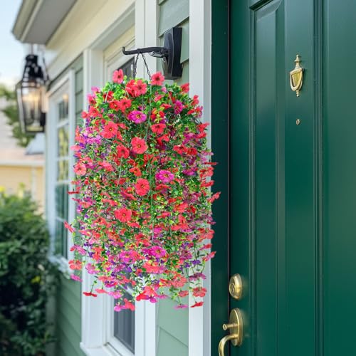 6 Pcs Spring Artificial Hanging Flowers Outdoor Faux Silk Mum Plant Decor Violet with Eucalyptus Realistic UV Resistant Trailing Vine Spring Porch Yard(Lovely Color,Violet) - color: Lovely Color, style: Violet