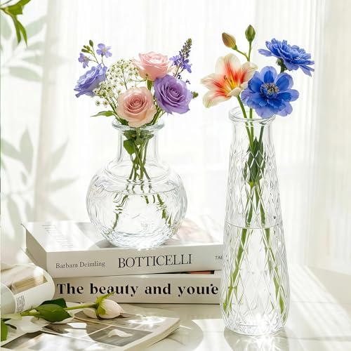 Glass Bud Vases Set of 4,Small Vase for Flowers,Clear Vintage Embossed Mini Vases,Flower Arrangements in Vases for Party or Home Decor (B)