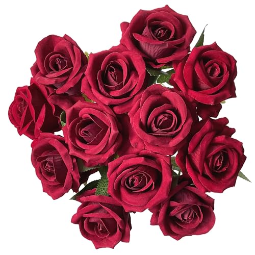 12PCS Artificial Silk Fake Roses Bouquet Long Stem, Wine Red | Realistic Fake Roses, Home Wedding Decoration, Party Table Decoration, Valentines Mother's Day - color: 12 Wine Red