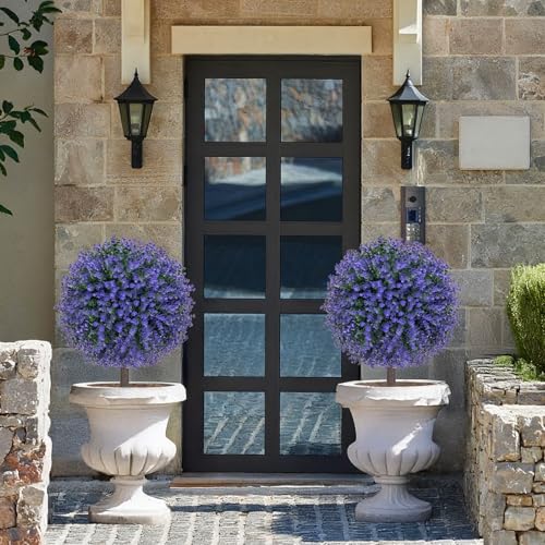 AOKIIE 24" Artificial Boxwood Topiary Bushes UV Resistant for Outdoor 2PCS | Artificial Shrubs with Ground Spike, Purple Faux Outdoor Plants for Indoor & Outdoor Garden, Yard, Porch, Patio - color: Purple