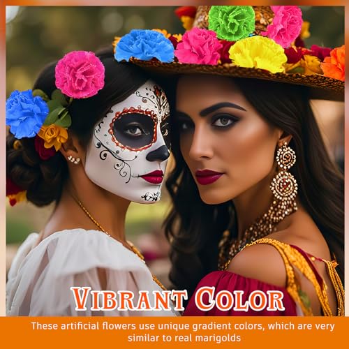 Syhood 50 Pcs Artificial Marigold Flower Bulk Decorations Mexican Flores Artificiales Fiesta Party Decorations for Mexican Backdrop Party Floral with Stems DIY Marigold Garland - color: Mixed Colors