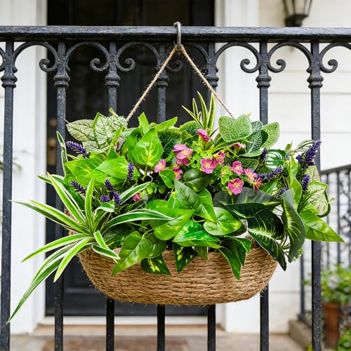 24 Pcs Artificial Plants for Outdoors Faux Greenery Leaves UV Resistant Realistic Plastic Large Bunches Shrubs Bushes with Flowers, Fake Plants Decor Outdoor for Front Porch Door Patio Garden Yard - color: Green Plants With Flowers, size: 24 Pcs