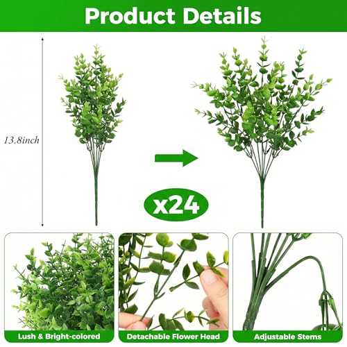 Roberly 24 Bundles Artificial Greenery Stems, UV Resistant Eucalyptus Fake Plants Outdoor Shrubs Greenery Plastic Plants for Garden Porch Window Box Farmhouse Indoor Home Office Decor, Green - color: Green