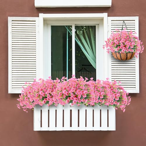 Artificial Flowers for Outdoors 12 Bundles Realistic Faux Plants UV Resistant Fake Silk Morning Glory with Eucalyptus for Front Door Planter Patio Porch Outside Spring Summer Decoration (Pink) - color: Pink