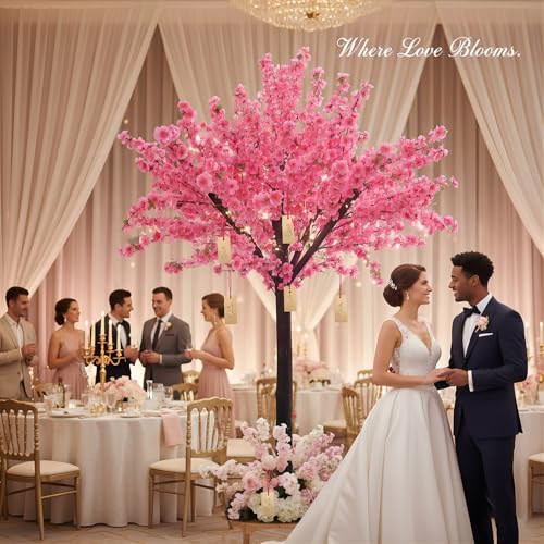 Pink Cherry Blossom Tree with Wood Trunk and Pink Flowers for Home Decor, Cherry Blossom Tree Artificial for Engagements, Anniversaries, Valentine's Day Docer - size: 7 FT