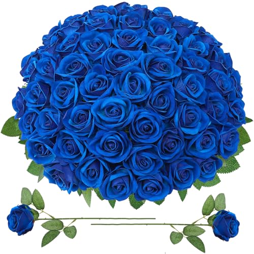 90 Pcs Royal Blue Velvet Rose Artificial Flowers with Long Stems, Fake Silk Roses Real Touch Fake Roses Florals for Birthday Wedding Bouquet Party Arrangement Decorations - color: Royal Blue