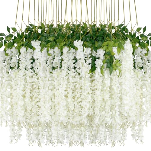 36Pcs Artificial Wisteria Flowers 3.6 Feet/Piece White Dense Artificial Fake Wisteria Vine Ratta Hanging Garland Silk Flowers String Home Party Wedding Decor(White-Dense) - color: White, size: 36 PCS