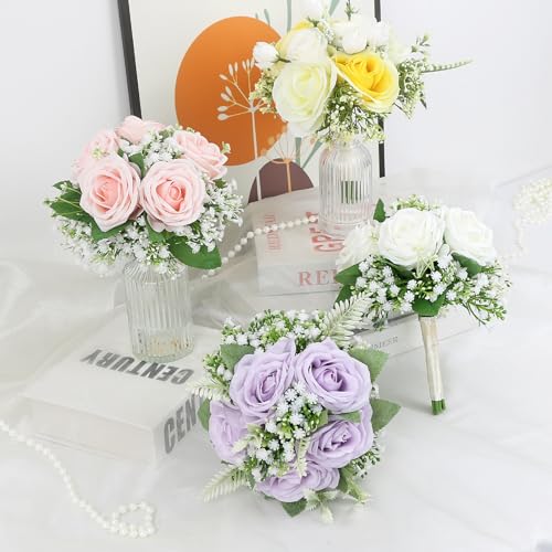 Artificial Bridesmaid Bouquets Set of 6 -7 Inch Pre-made Bridesmaid Bouquets Lilac Silk Rose Bouquet Handmade for Wedding Holding Flowers, Bridal Shower Wedding Centerpiece Ceremony and Anniversary - color: Lilac and White, size: Set of 6 Bridesmaid Bouqu