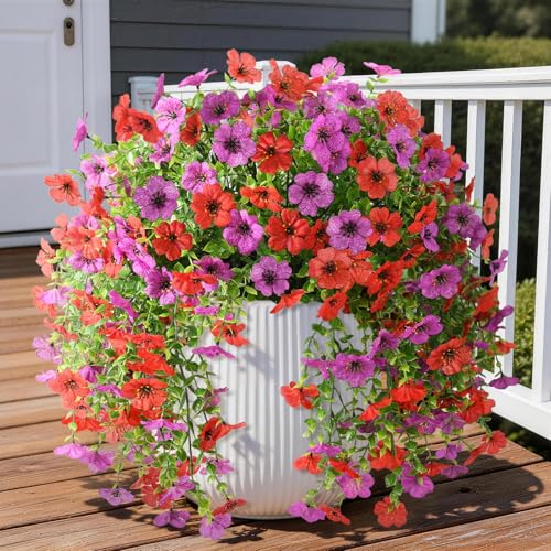 Homsunny Artificial Fake Hanging Flowers Plants for Outdoors 2 PCS Faux Silk Flower Outside UV Resistant No Fade Realistic Home Decor for Porch Patio Balcony Window Box Summer Decoration(Red Purple) - color: Red Purple