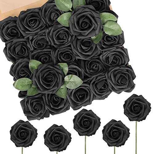 N&T NIETING Artificial Flowers Black Rose 50pcs Real Touch Flowers with Stems Perfect for for DIY Bouquets Wedding Party Baby Shower Home Arrangement Party Tables Decoration - color: Black, size: 50pcs