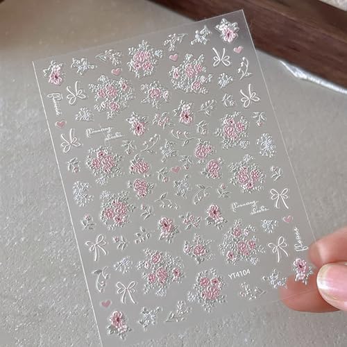 Pink Flower Nail Stickers Spring 5D Floral Nail Decals 1PCS Embossed Flowers Bouquet Bow Design Summer Adhesive Decals Nail Art Supplies for Women Manicure Decor - style: Style1-Pink Flower