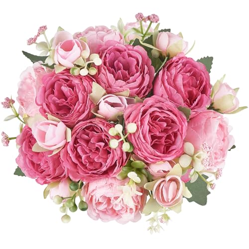 Mkono Peonies Artificial Flowers, Small Silk Flowers for Home Decor Indoor Fake Bouquet Faux Floral Arrangements Dining Table Centerpieces for Kitchen Party Decor (2, Mixed Pink) - color: Mixed Pink