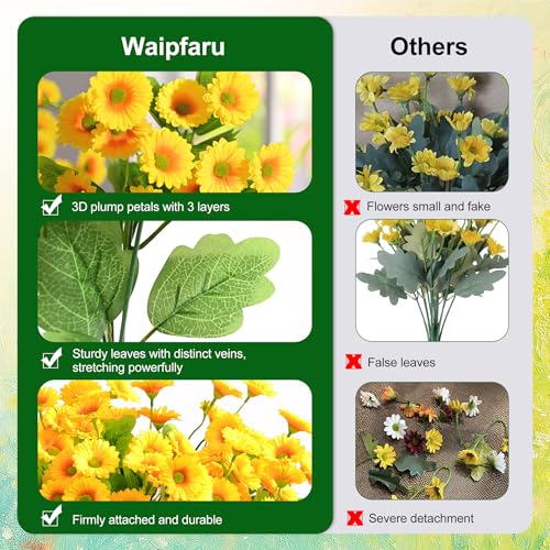 Waipfaru Artificial Flowers for Outdoors Faux Plants, UV Resistant Artificial Outdoor Flowers, Yellow Silk Daisy Realistic Fake Mums Flower for Front Porch Spring Home Planter Patio Decor, 12 Bundles - color: Yellow, size: 12 PCS