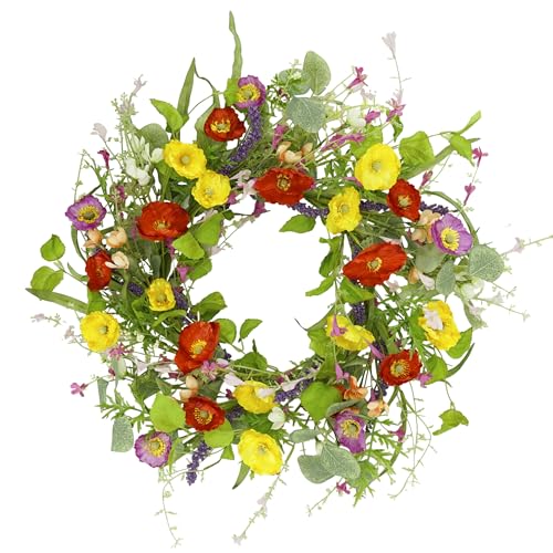 YNYLCHMX 20" Spring Summer Wreaths for Front Door, Artificial Floral Wreath with Green Eucalyptus Leaves, Green Foliage Wreath for Wall Window Farmhouse Party Holiday Home Decor - color: Red,yelllow, Purple Daisies