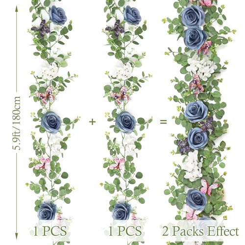 TOCHGREEN 2 Pack 5.9 Ft Artificial Fake Flower Vine White Rose Hydrangea Vines with 3D Butterfly Hanging Floral Greenery Eucalyptus Vines for Wedding Table Party Background Decor (Blue White, 2PCS) - color: Blue White