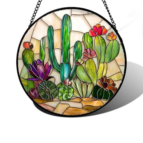 DASTOLL Stained Glass Window Hanging, White Green Cactus Suncatcher Diamond Glass Panel Hangings Sun Catchers Decor for Birthday for Women, Men, Wife, Aunt, and Mom 11.8x11.8 in - color: Green, size: 11.8x11.8 IN