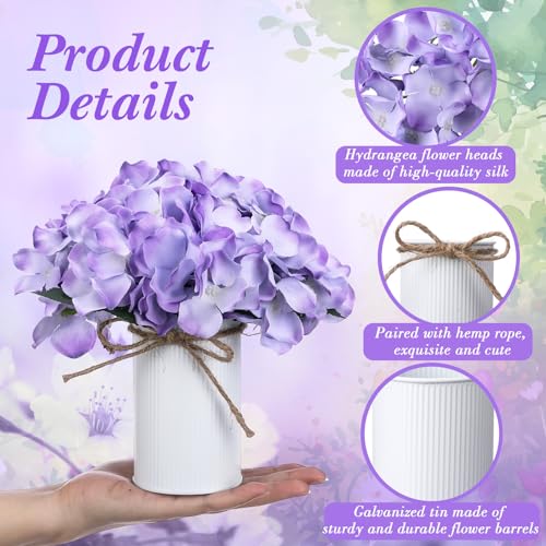 Zeyune Purple 12 Sets Wedding Flower Table Centerpieces Artificial Hydrangeas with Rustic Metal Vase Fake Hydrangea Flowers in Pot Floral Arrangement for Wedding Bridal Tea Party Table Home Decor - color: Purple
