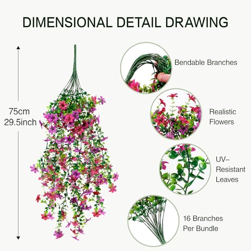 QCQHDU Artificial Hanging Flowers for Outdoors,2Pcs Fake Hanging Plants 29.5 Inch Long for Spring Summer Decoration,UV Resistant Faux Flowers for Patio Porch Garden Yard Decor, Light Purple Red - color: Light Purple Red